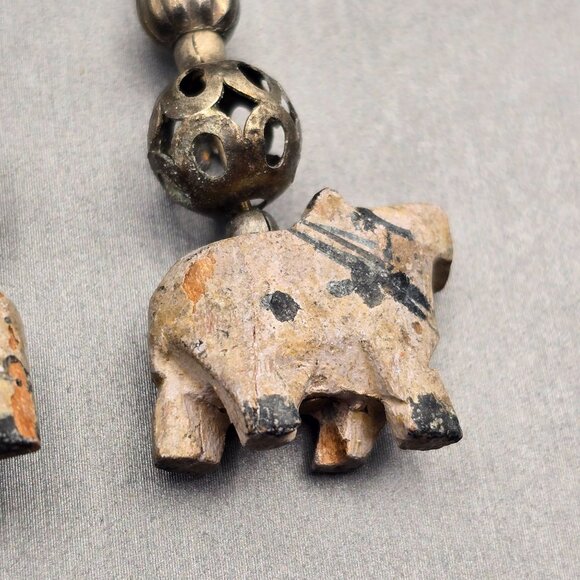 VTG Elephant Dangle Earrings 2.25" Carved Wood & Antique-Style Silver Beads - Picture 5 of 11